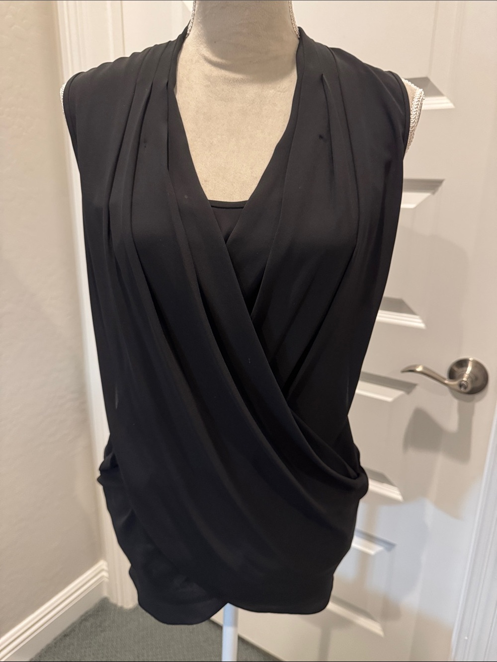 Black Sleeveless Wrap Top with Draped Front